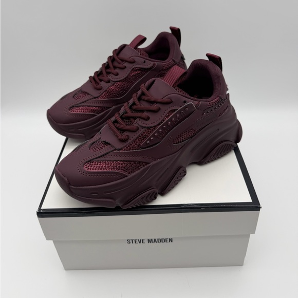Steve Madden Rhinestone Chunky Sneakers – Burgundy Crystal Embellished Platform - Picture 4 of 6
